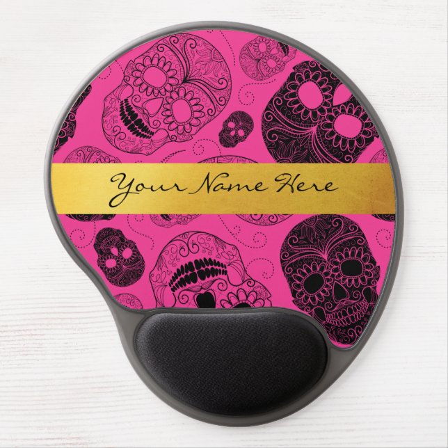 Chic Pink & Black Sugar Skulls with Gold Banner Gel Mouse Pad (Front)