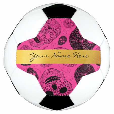 Chic Pink & Black Sugar Skulls With Gold Banner Soccer Ball