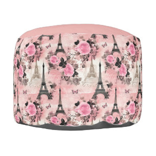 Chic Pink Black & White Eiffel Tower Paris French Pouf
