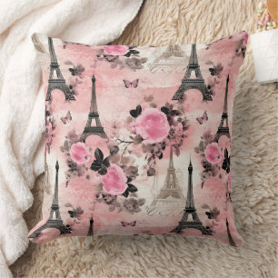 Chic Pink Black & White Eiffel Tower Paris French Throw Pillow
