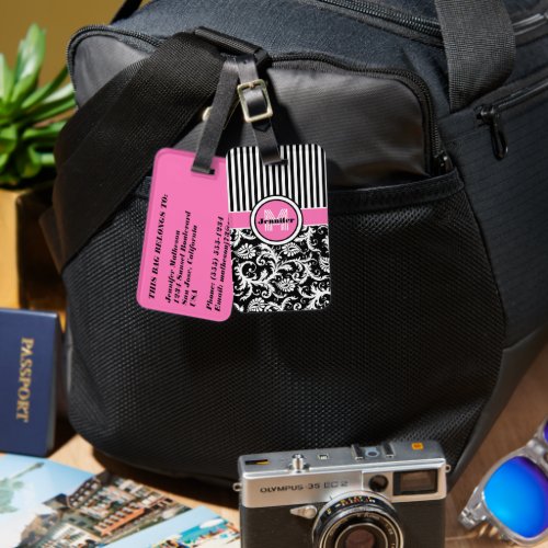 Chic Pink Black White Stripes Monogrammed Luggage Tag