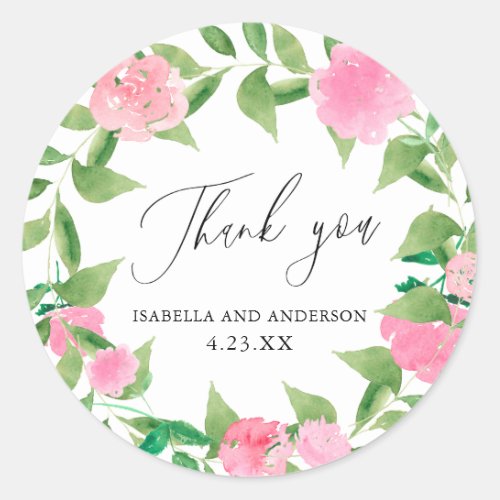 Chic Pink Blooms and Greenery Wedding Thank You Classic Round Sticker
