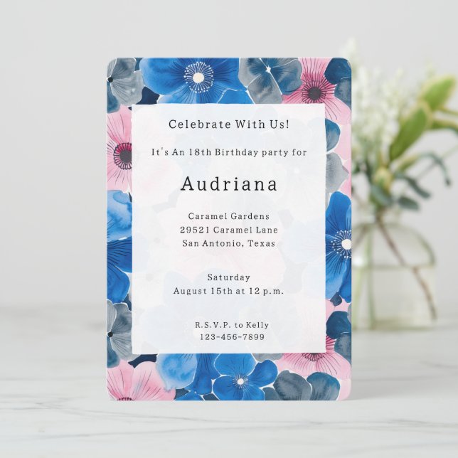 Chic Pink Blue Floral Birthday Invitation (Standing Front)