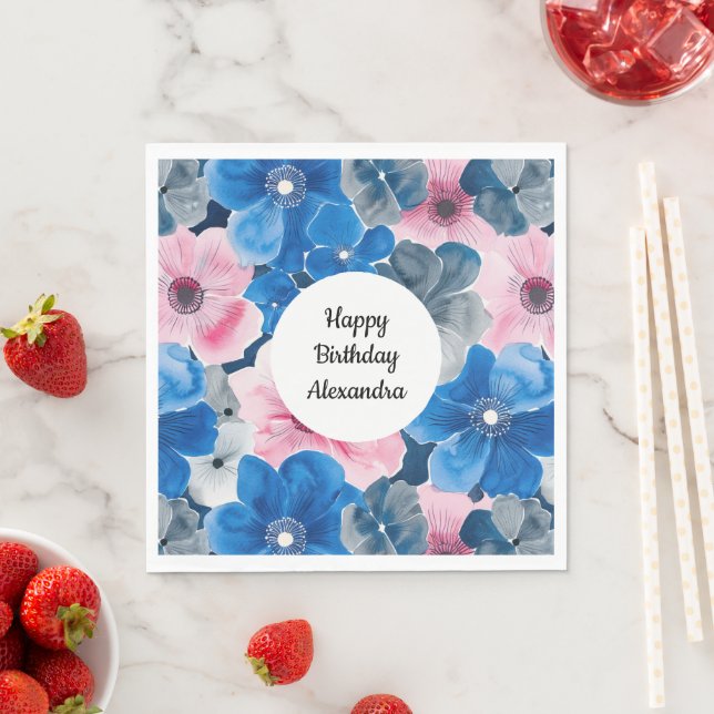 Chic Pink Blue Floral Birthday Napkins (Insitu)