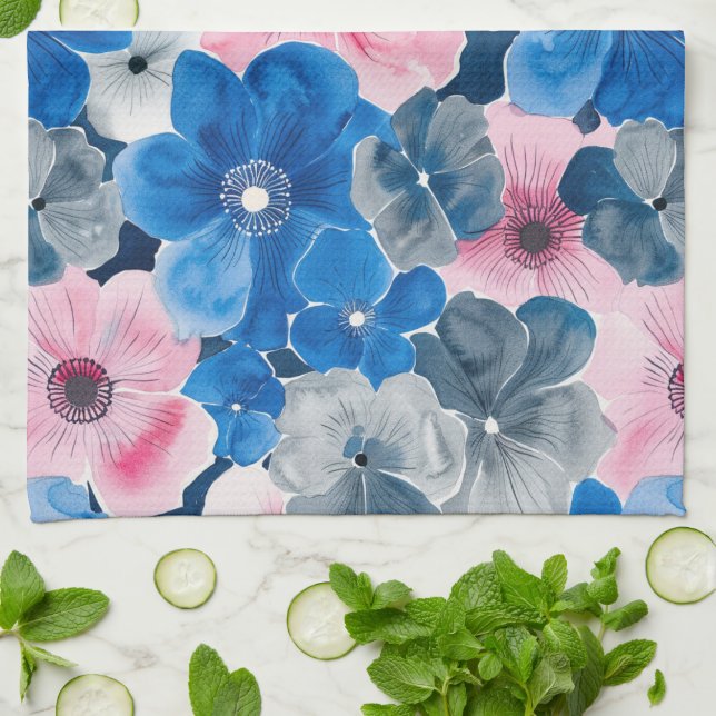 Chic Pink Blue Floral Bridal Shower Kitchen Towel (Folded)