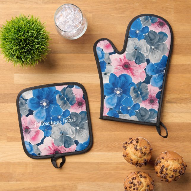 Chic Pink Blue Floral Bridal Shower Oven Mitt & Pot Holder Set (Top Down)