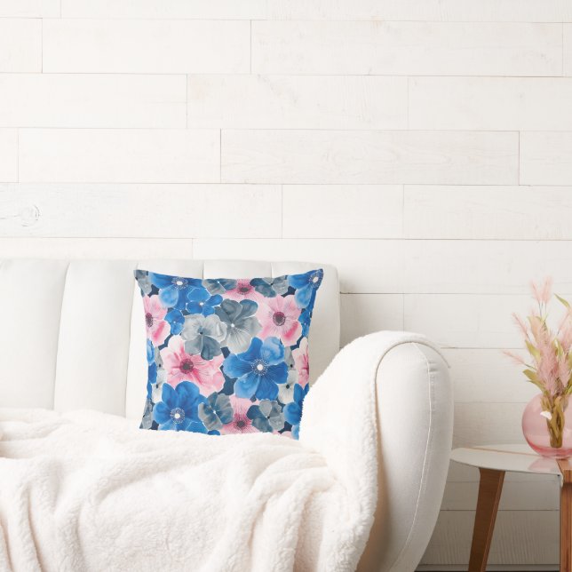 Chic Pink Blue Floral   Throw Pillow (Couch)