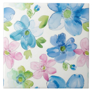 Chic Pink Blue Flowers Ceramic Tile