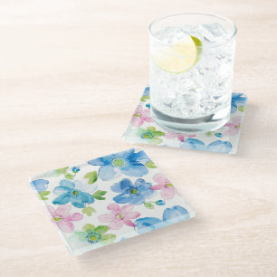 Chic Pink Blue Flowers Glass Coaster