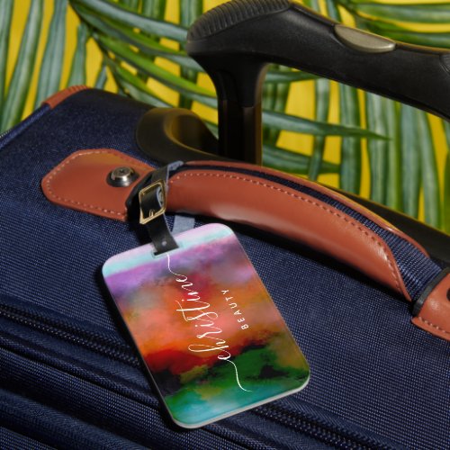 Chic Pink Blue Orange Watercolor Abstract Script Luggage Tag