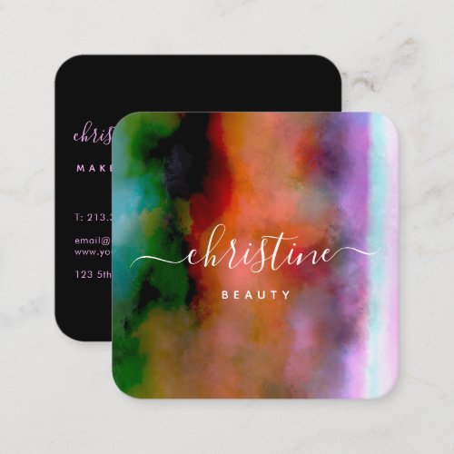 Chic Pink Blue Orange Watercolor Abstract Script Square Business Card