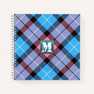 Chic Pink Blue Plaid Tartan Leather Monogram Name Notebook
