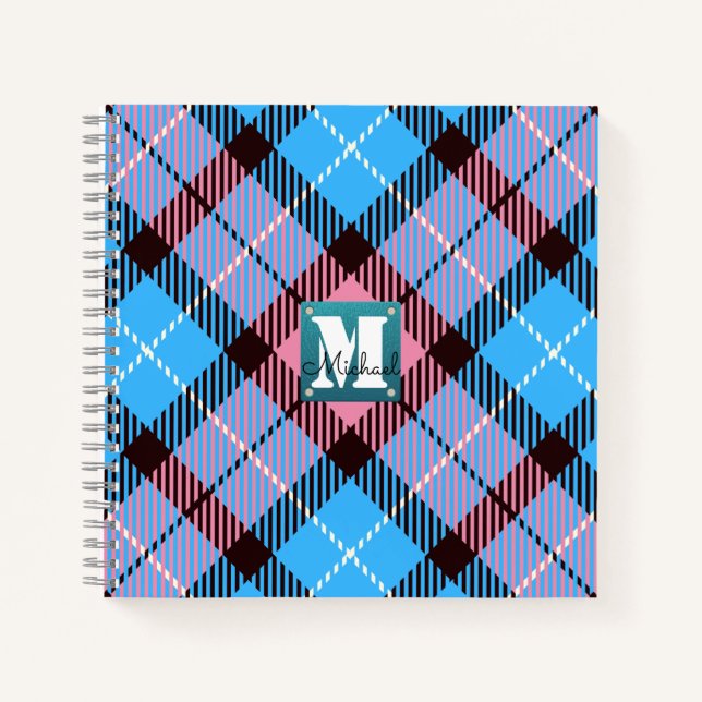 Chic Pink Blue Plaid Tartan Leather Monogram Name Notebook (Front)