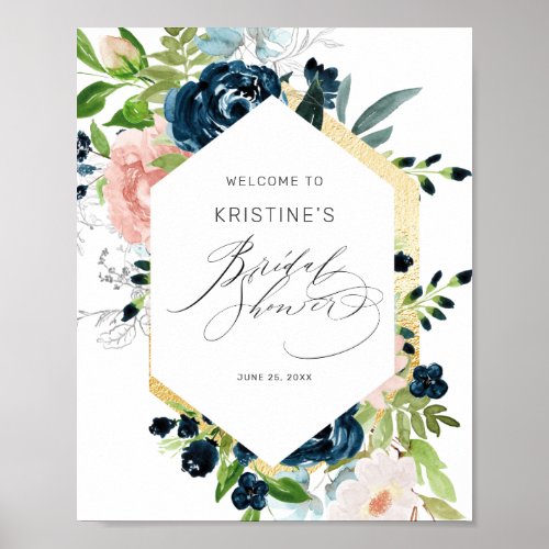 Chic Pink Blue Rose Floral Bridal Shower Welcome Poster