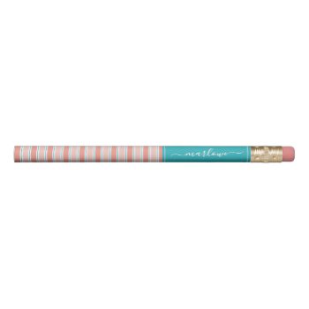 Chic Pink Blue Stripe Pattern With Name Pencil by DoodlesGiftShop at Zazzle