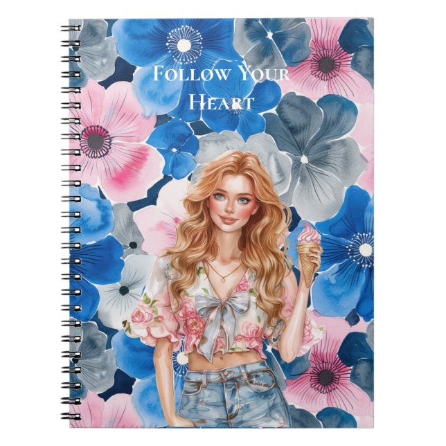 Chic Pink Blue Summer City Red Hair Girl Notebook (Front)