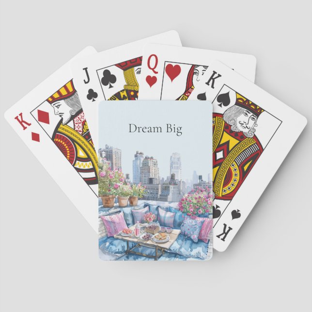 Chic Pink Blue Summer City View Poker Cards (Back)