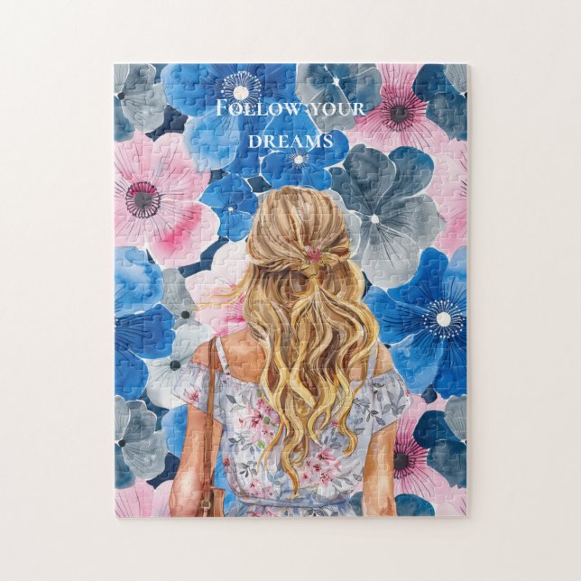 Chic Pink Blue Summer Floral Blond Girl Jigsaw Puzzle (Vertical)