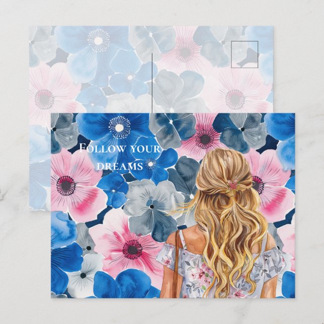 Chic Pink Blue Summer Floral Blond Girl Postcard (Front/Back)
