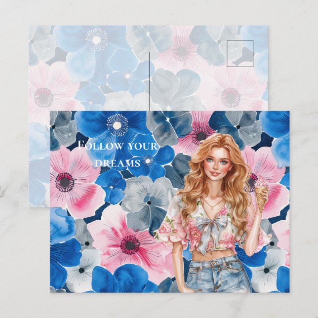 Chic Pink Blue Summer Floral Red Hair Girl Postcard (Front/Back)