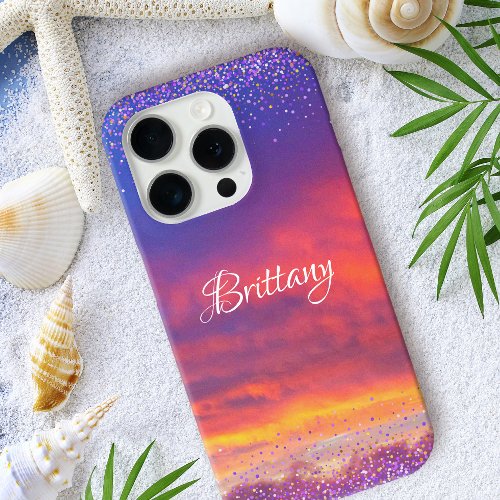 Chic pink blue sunset photo confetti custom script iPhone 15 pro case