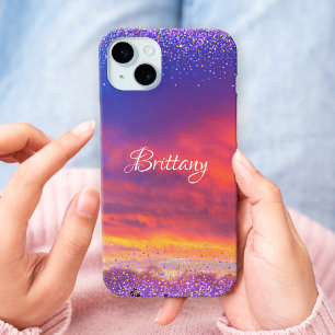 Chic pink blue sunset photo confetti custom script iPhone 15 plus case