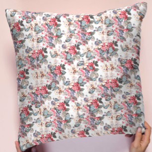 Chic Pink & Blue Vintage Floral Pattern Throw Pillow