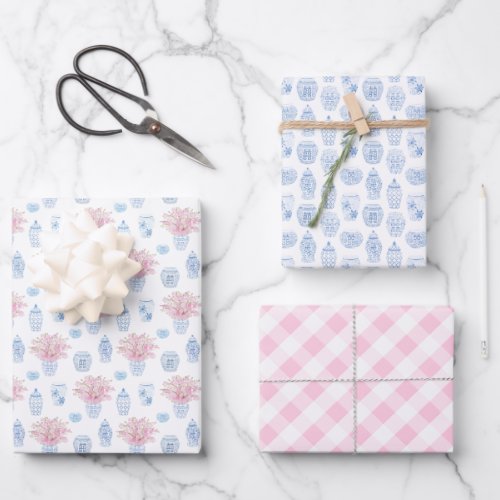 Chic Pink Blue White Ginger Jars Baby Girl Shower Wrapping Paper Sheets