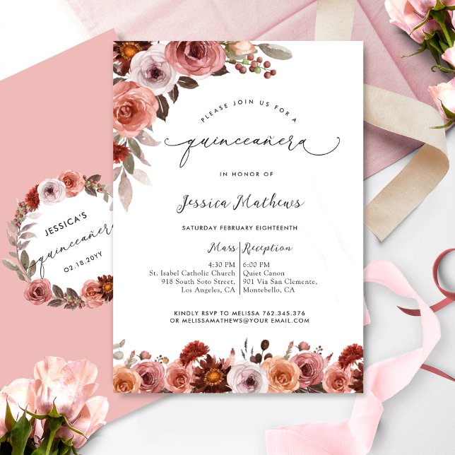 Chic Pink, Blush and Burgundy Floral Quinceañera Invitation (Creator Uploaded)