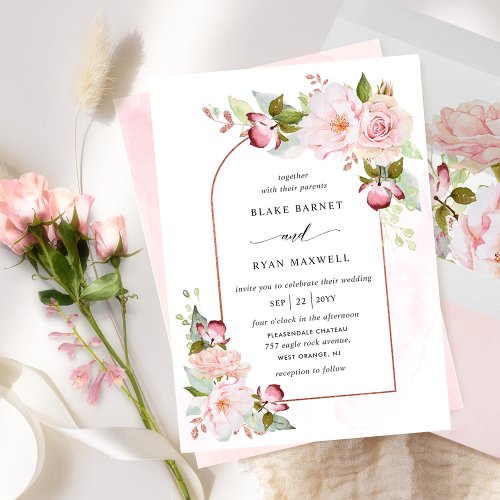 Chic Pink Blush and Rose Gold All In One Wedding Invitation