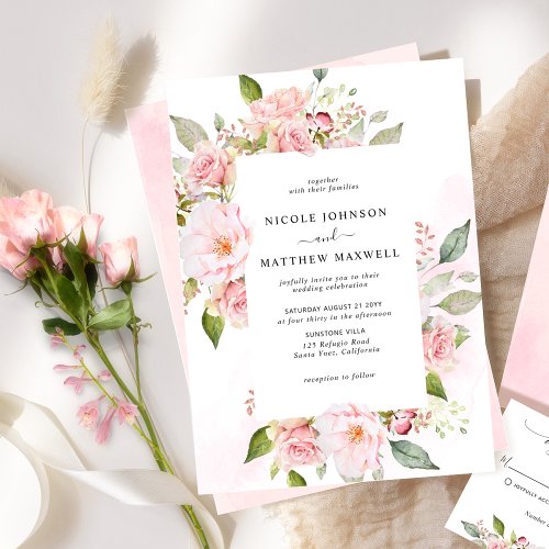 Chic Pink Blush and Rose Gold Floral Wedding Invitation