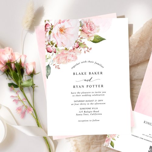 Chic Pink Blush and Rose Gold Floral Wedding Invitation