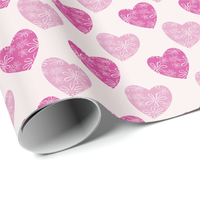 Chic Pink Blush Floral Doodle Patterned Hearts Wrapping Paper (Roll Corner)