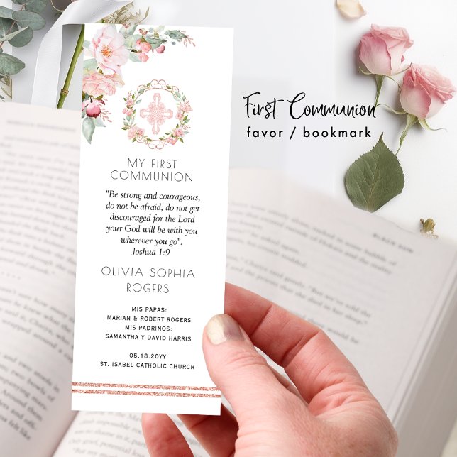 Chic Pink, Blush Floral Girl First Communion Favor Bookmarks (Creator Uploaded)