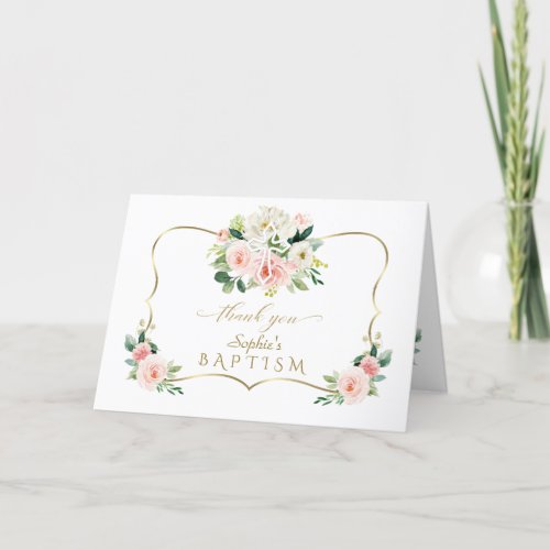 Chic Pink Blush Floral Gold White Cross Baptism Thank You Card