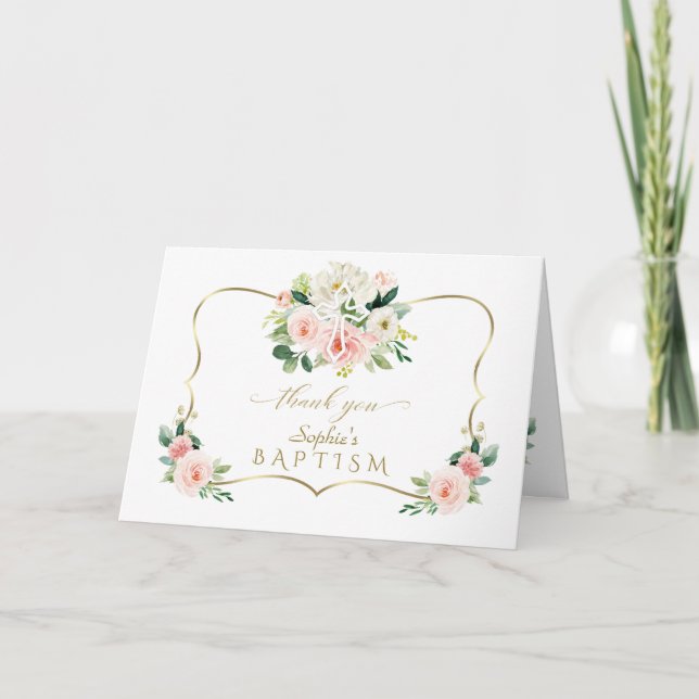 Chic Pink Blush Floral Gold White Cross Baptism Thank You Card (Front)