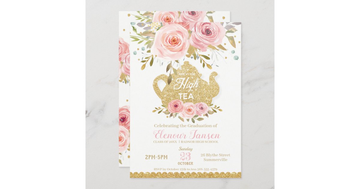 Chic Pink Blush Floral High Tea Graduation Party Invitation