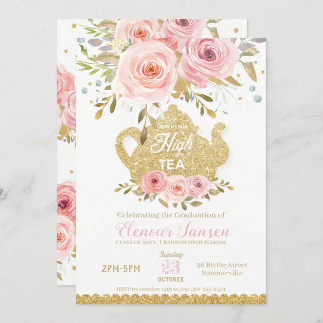 Chic Pink Blush Floral High Tea Graduation Party Invitation | Zazzle