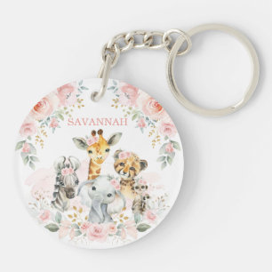 Chic Pink Blush Floral Jungle Safari Baby Animals Keychain