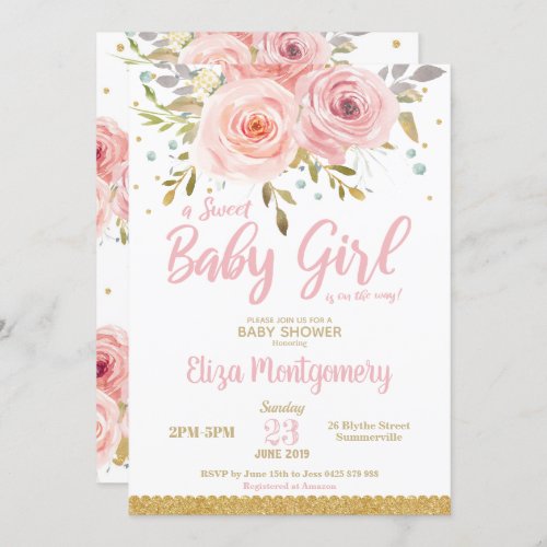 Chic Pink Blush Floral Sweet Baby Shower Girl Invitation