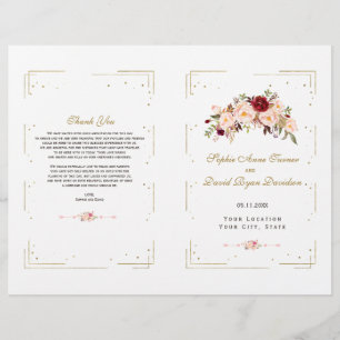 Chic Pink Blush Flowers Gold Frame Wedding Program