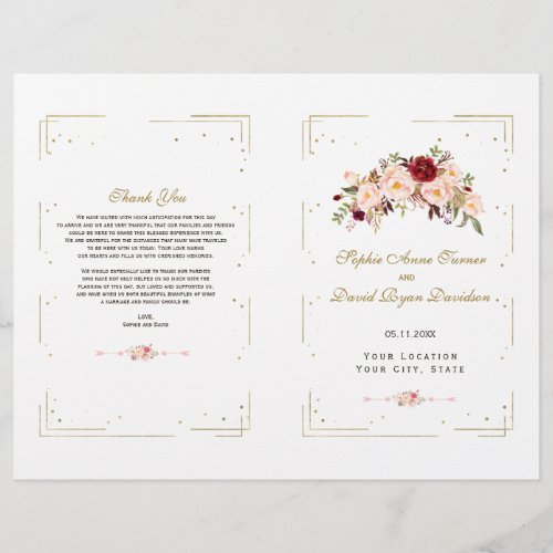 Chic Pink Blush Flowers Gold Frame Wedding Program