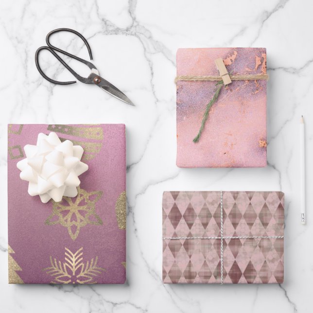 Chic Pink Blush Marble Harlequin Christmas Symbols Wrapping Paper Sheets (Front)