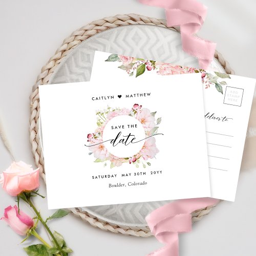 Chic Pink Blush Rose Gold Wedding Save The Date Postcard