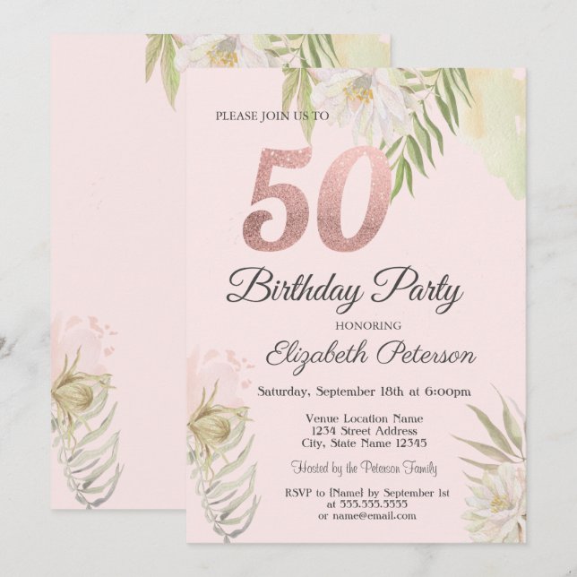 Chic Pink Boho Floral 50th Birthday Party  Invitation (Front/Back)