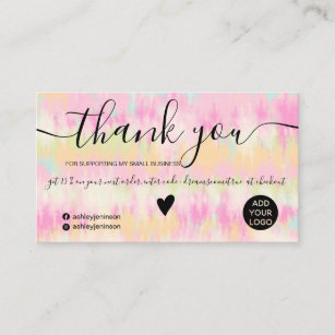 Chic pink boho tie dye watercolor order thank you business card