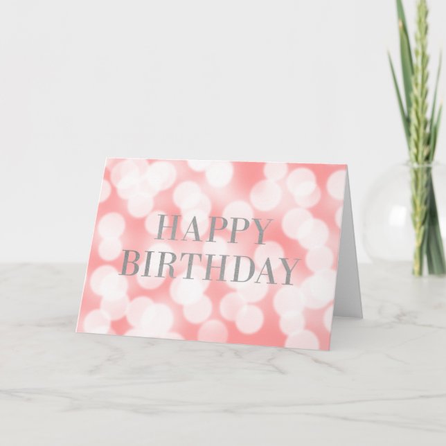 Chic Pink Bokeh Lights Faux Silver Happy Birthday Card (Front)