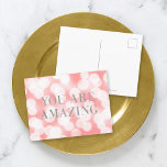 Chic Pink Bokeh Lights Faux Silver You Are Amazing Postcard<br><div class="desc">Chic motivational postcard featuring the words "You Are Amazing" in faux silver foil against a pink bokeh lights pattern background. To add text to the the card click the "Customize" button. *Please note that the Zazzle Watermark that appears in the zoom preview will NOT appear on the final printed product....</div>