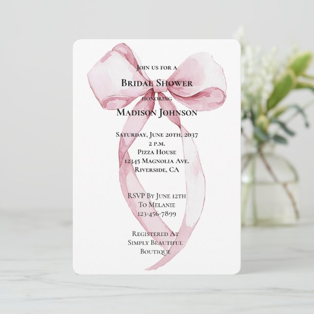 Chic Pink Bow Bridal Shower Invitation (Standing Front)