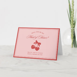 Chic Pink Bow & Cherry Maid of Honor Proposal Card